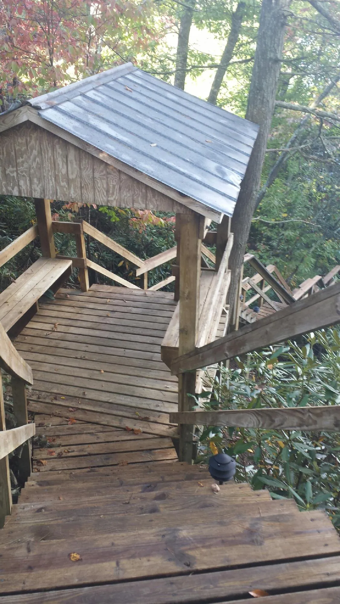 Metal roofed shelter over wooden steps on a wooded walkway — Skylight Repair & Installation work by our crew in Mack